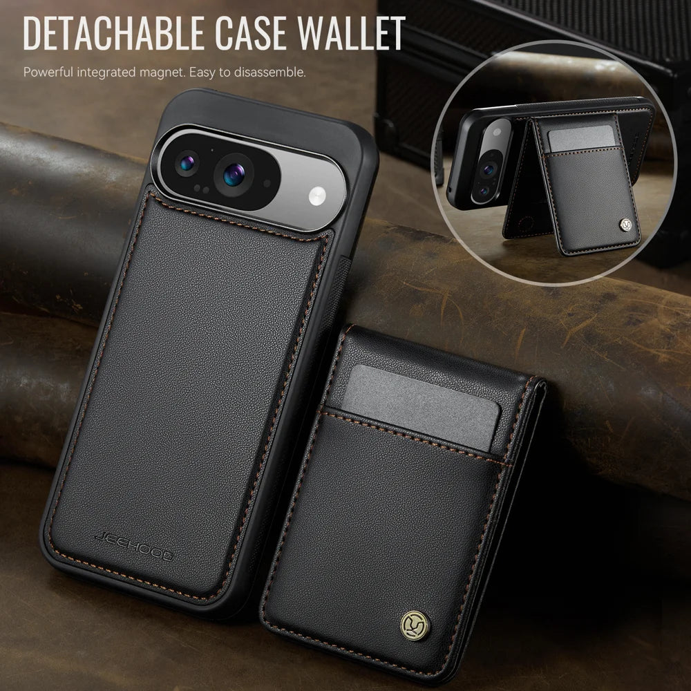 JEEHOOD For Google Pixel 9 Pro / Google Pixel 9 Leather Back Cover Magnetic Case  J06 Phone Case with Card Bag RFID Blocking - Black - 4