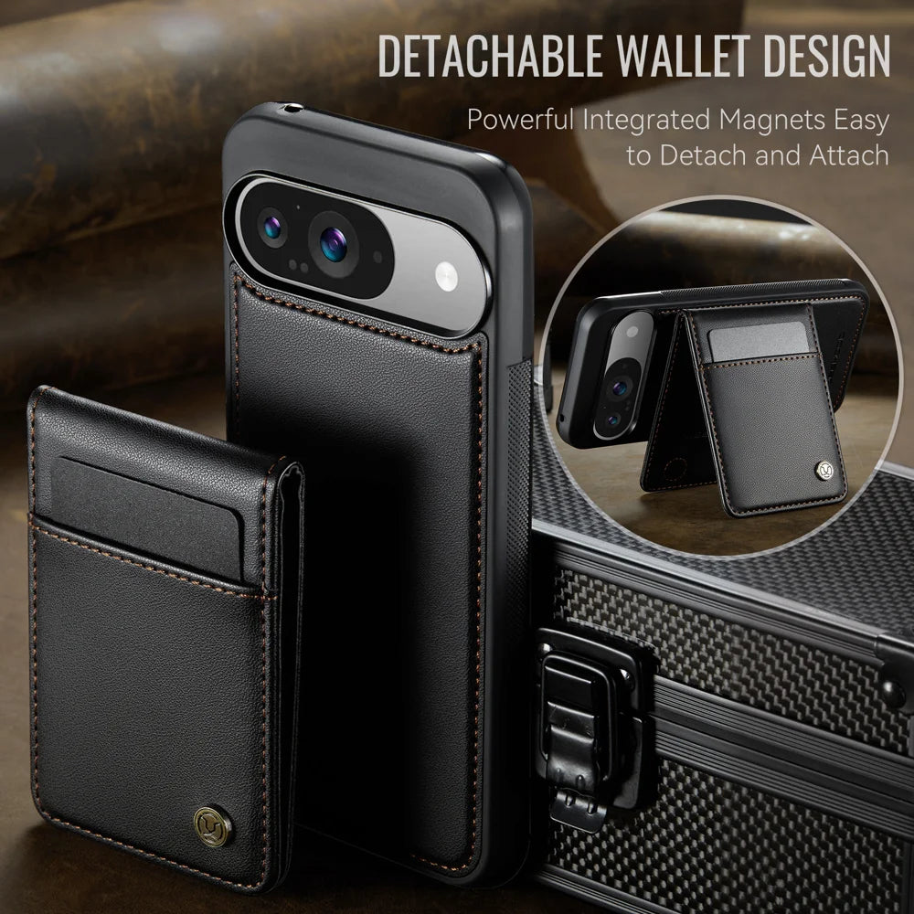 JEEHOOD For Google Pixel 9 Pro / Google Pixel 9 Leather Back Cover Magnetic Case  J06 Phone Case with Card Bag RFID Blocking - Black - 7