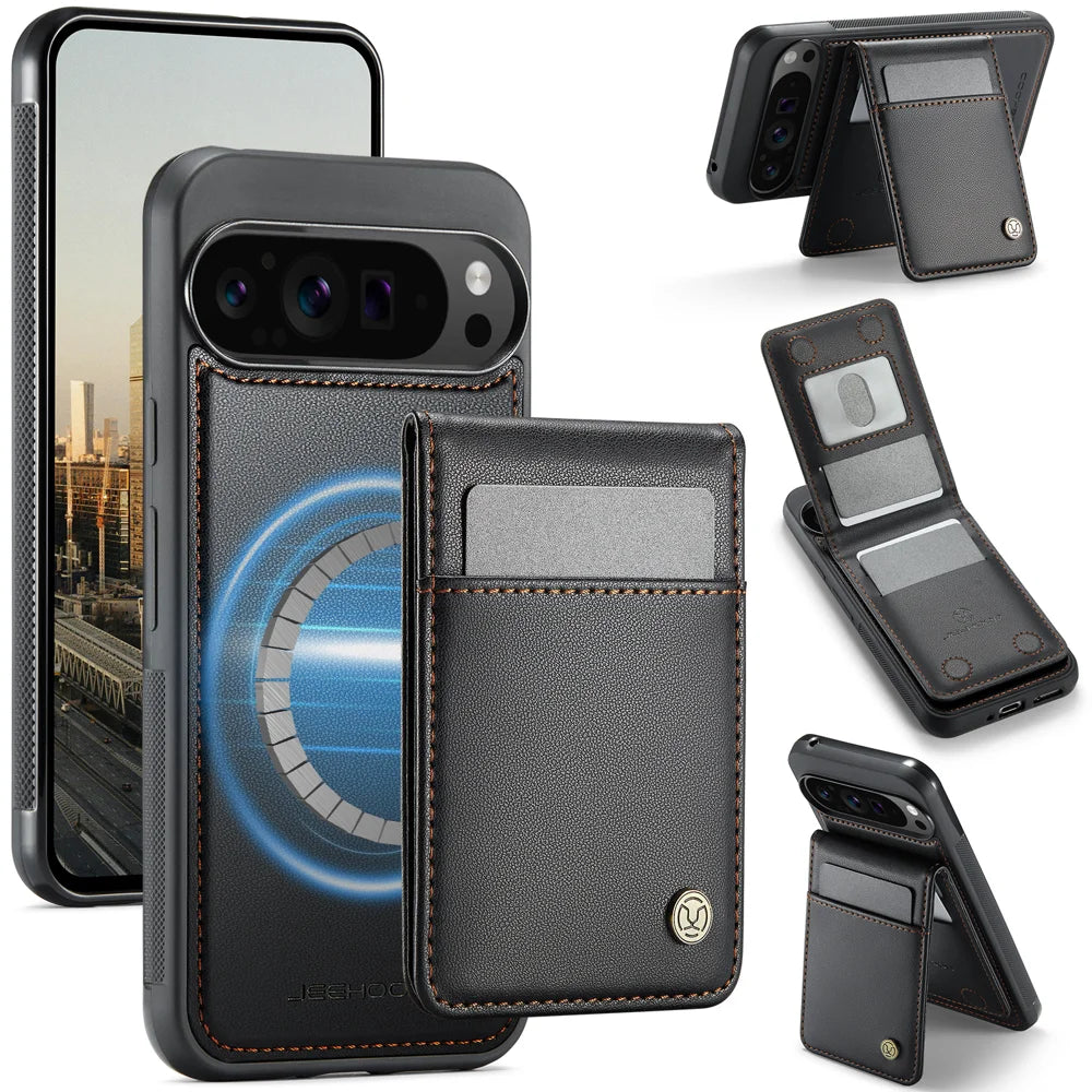JEEHOOD For Google Pixel 9 Pro XL Leather Back Cover Magnetic Case  J06 Phone Case with Card Bag RFID Blocking - Black - 1