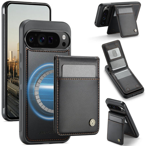 JEEHOOD For Google Pixel 9 Pro XL Leather Back Cover Magnetic Case  J06 Phone Case with Card Bag RFID Blocking - Black - 1