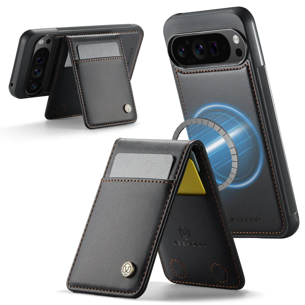 JEEHOOD For Google Pixel 9 Pro XL Leather Back Cover Magnetic Case  J06 Phone Case with Card Bag RFID Blocking - Black - 2