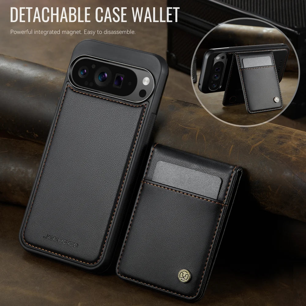 JEEHOOD For Google Pixel 9 Pro XL Leather Back Cover Magnetic Case  J06 Phone Case with Card Bag RFID Blocking - Black - 4