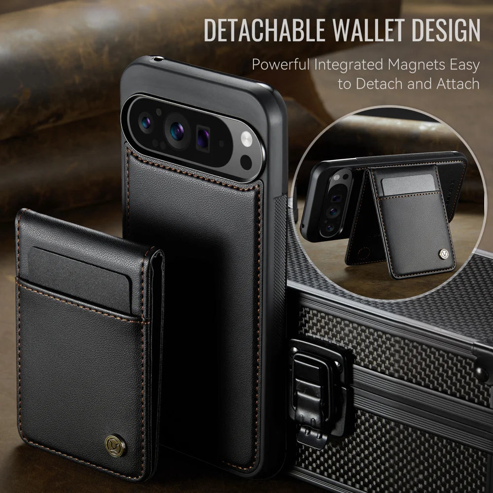 JEEHOOD For Google Pixel 9 Pro XL Leather Back Cover Magnetic Case  J06 Phone Case with Card Bag RFID Blocking - Black - 7