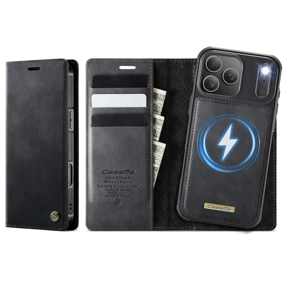 CASEME For iPhone 18 Pro / 17 Pro Case  C49 Compatible with MagSafe RFID Blocking Detachable Wallet Leather Phone Cover - Black - 1