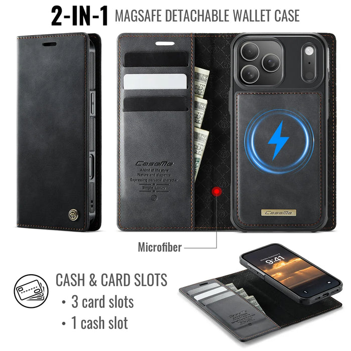 CASEME For iPhone 18 Pro / 17 Pro Case  C49 Compatible with MagSafe RFID Blocking Detachable Wallet Leather Phone Cover - Black - 2