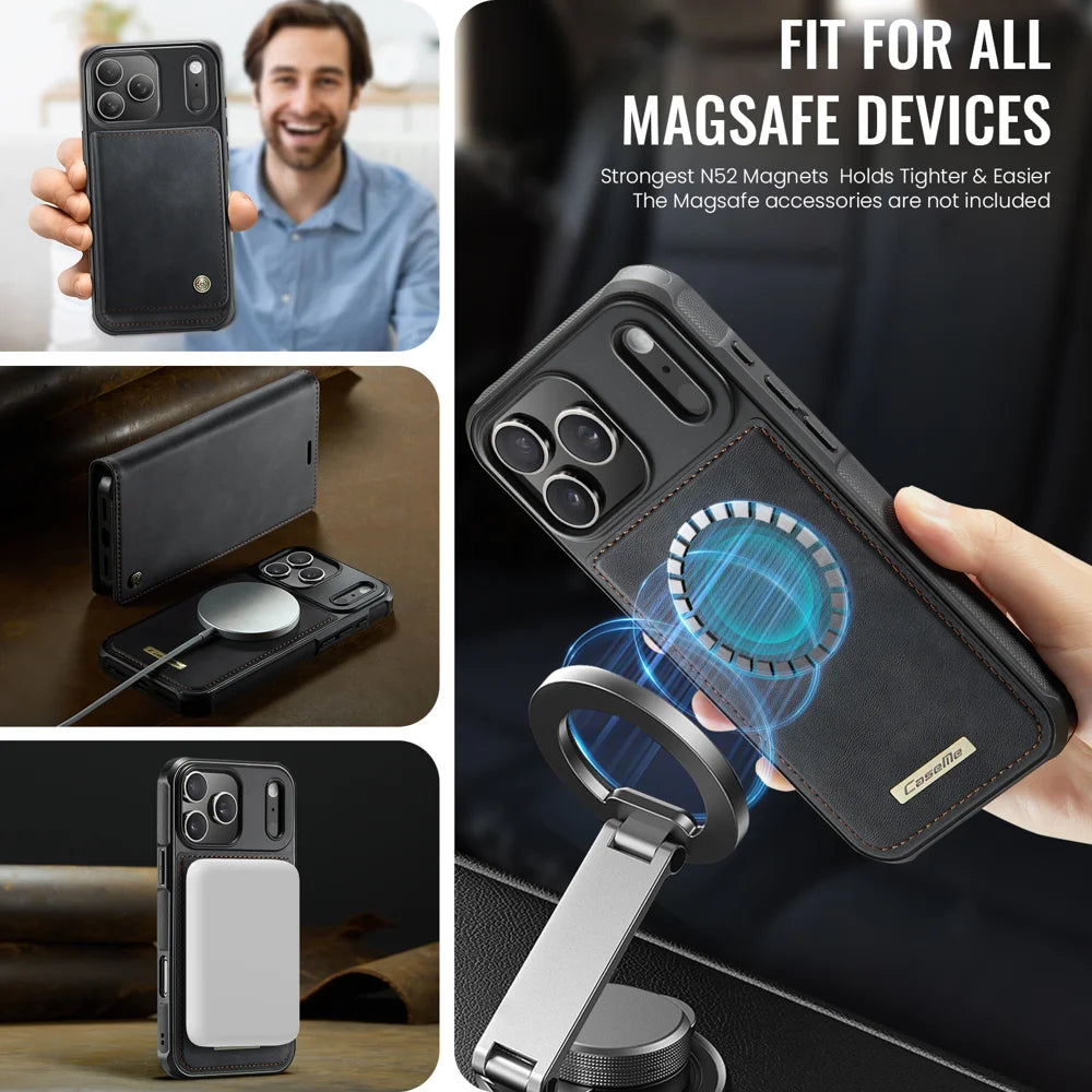 CASEME For iPhone 18 Pro / 17 Pro Case  C49 Compatible with MagSafe RFID Blocking Detachable Wallet Leather Phone Cover - Black - 6