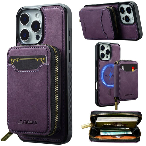 LC.IMEEKE L6 For iPhone 16 Pro Max Magnetic Case Detachable Zipper Wallet Leather Coated PC + TPU Phone Cover - Purple - 1
