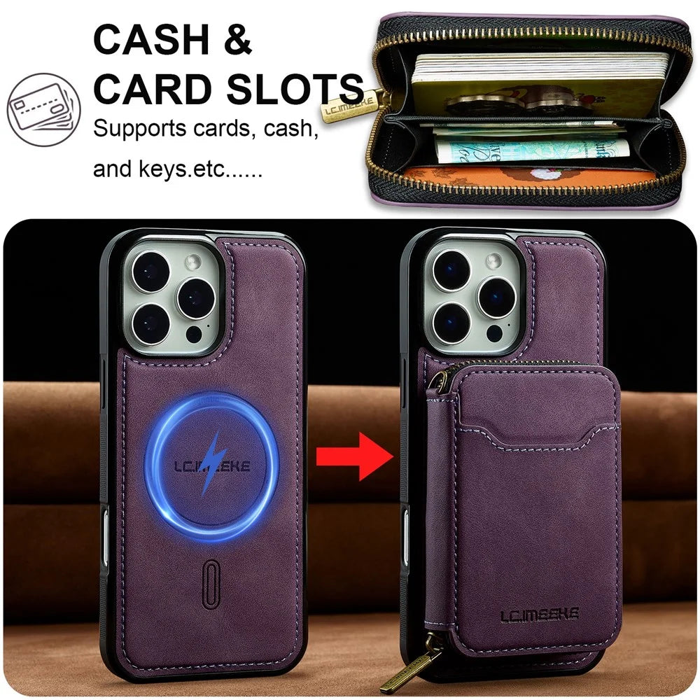 LC.IMEEKE L6 For iPhone 16 Pro Magnetic Case Detachable Zipper Wallet Leather Coated PC + TPU Phone Cover - Purple - 5
