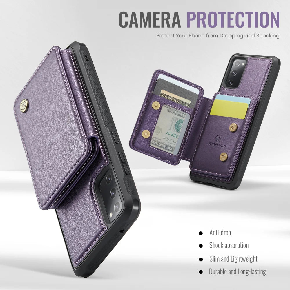 JEEHOOD For Samsung Galaxy S20 FE Case  J05 Leather Mobile Cover with Detachable Magnetic Card Bag - Purple - 5