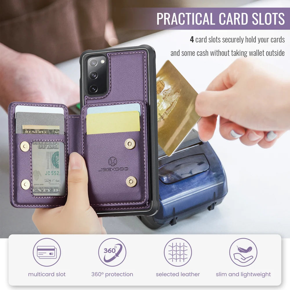 JEEHOOD For Samsung Galaxy S20 FE Case  J05 Leather Mobile Cover with Detachable Magnetic Card Bag - Purple - 7