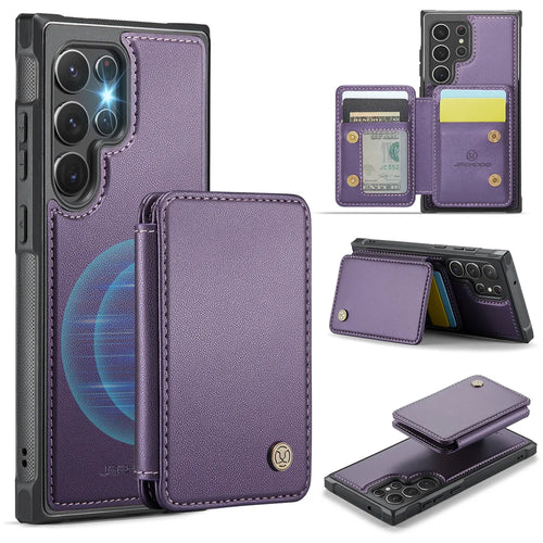 JEEHOOD For Samsung Galaxy S22 Ultra 5G Case  J05 Leather Mobile Cover with Detachable Magnetic Card Bag - Purple - 1