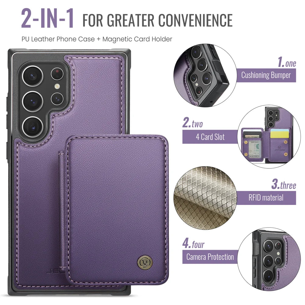 JEEHOOD For Samsung Galaxy S22 Ultra 5G Case  J05 Leather Mobile Cover with Detachable Magnetic Card Bag - Purple - 2