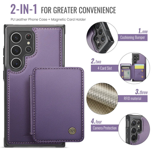 JEEHOOD For Samsung Galaxy S22 Ultra 5G Case  J05 Leather Mobile Cover with Detachable Magnetic Card Bag - Purple - 2