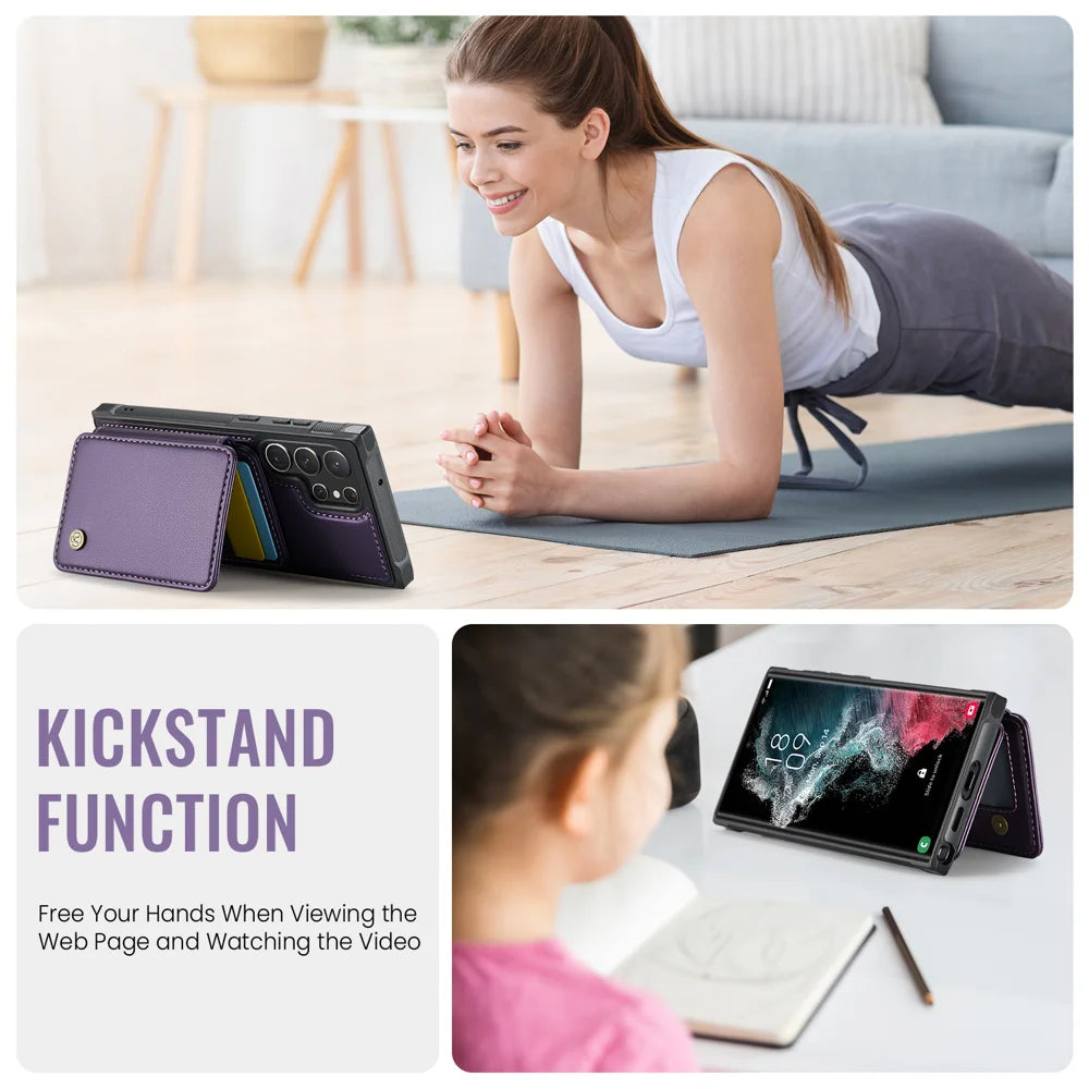 JEEHOOD For Samsung Galaxy S22 Ultra 5G Case  J05 Leather Mobile Cover with Detachable Magnetic Card Bag - Purple - 3