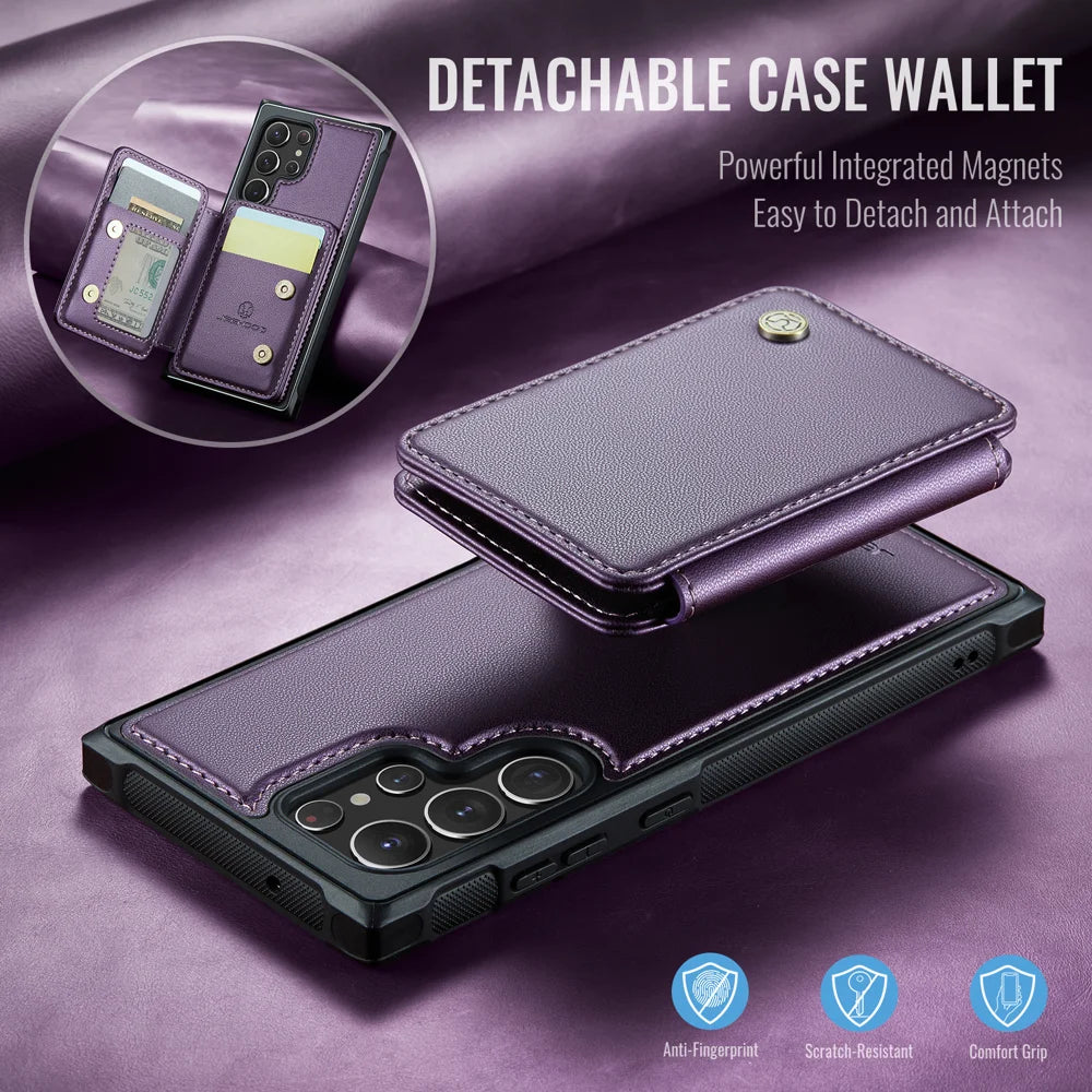 JEEHOOD For Samsung Galaxy S22 Ultra 5G Case  J05 Leather Mobile Cover with Detachable Magnetic Card Bag - Purple - 4