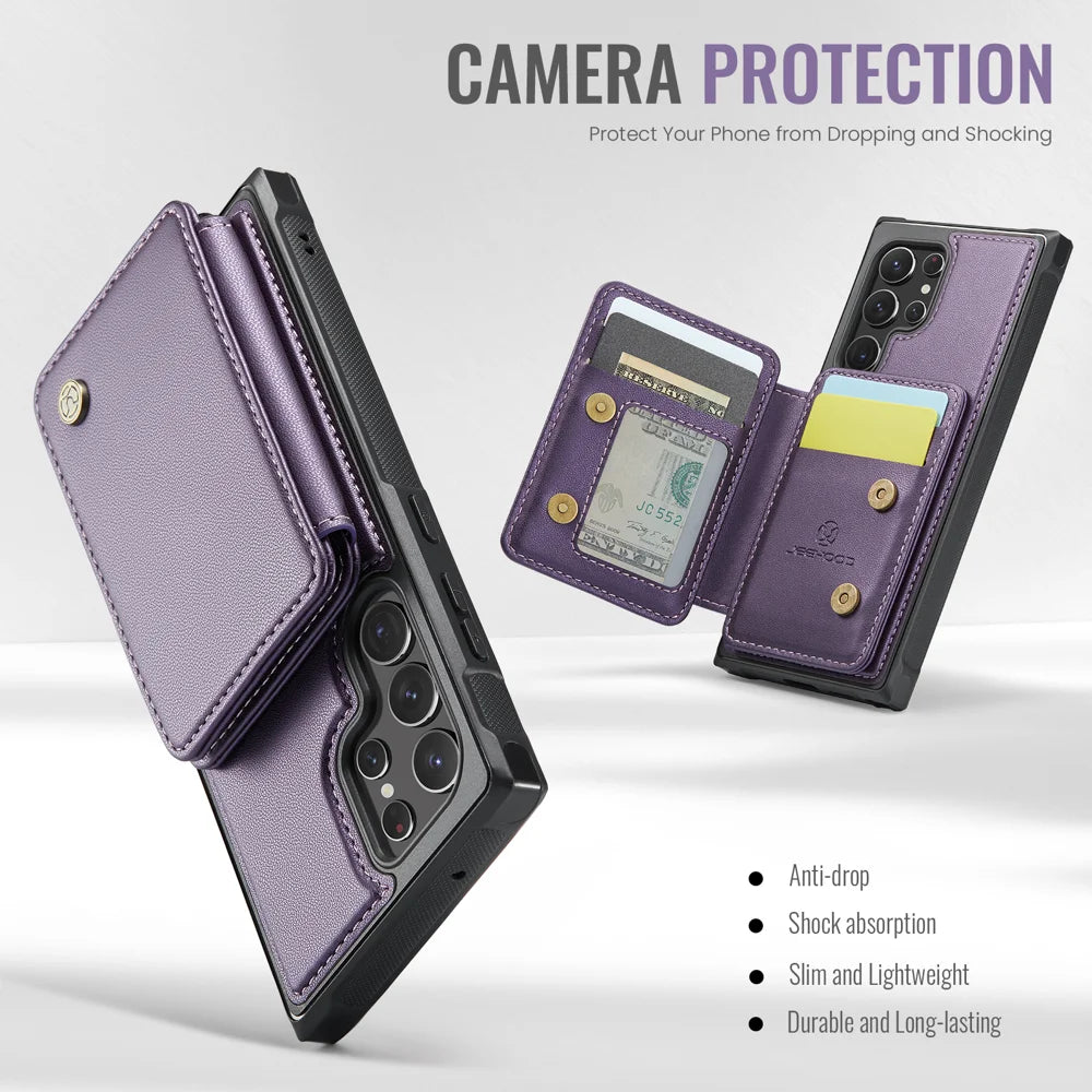 JEEHOOD For Samsung Galaxy S22 Ultra 5G Case  J05 Leather Mobile Cover with Detachable Magnetic Card Bag - Purple - 5