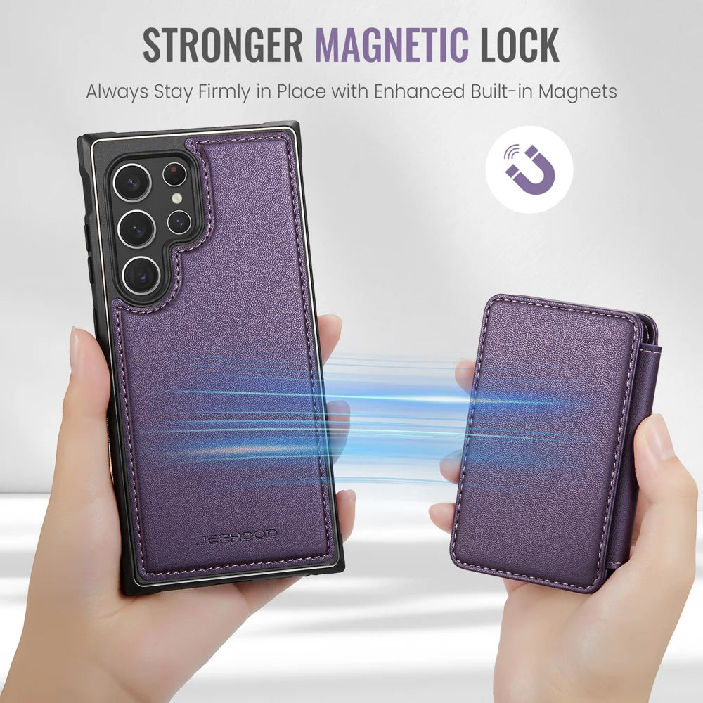 JEEHOOD For Samsung Galaxy S22 Ultra 5G Case  J05 Leather Mobile Cover with Detachable Magnetic Card Bag - Purple - 6