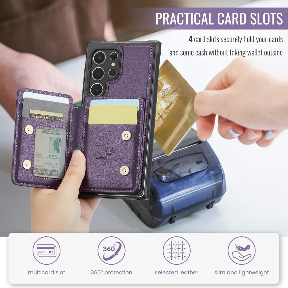 JEEHOOD For Samsung Galaxy S22 Ultra 5G Case  J05 Leather Mobile Cover with Detachable Magnetic Card Bag - Purple - 7