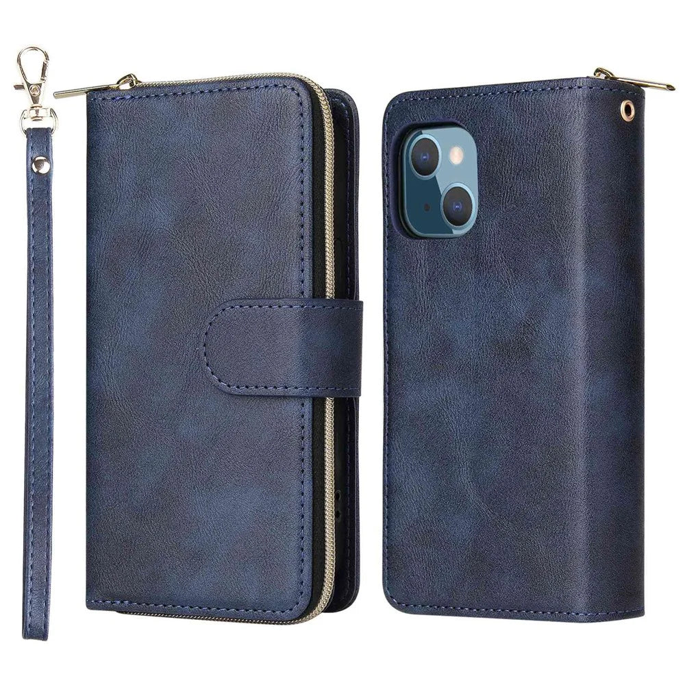 For iPhone 14 PU Leather Magnetic Closure Handbag Zipper Pocket Case Stand 9 Card Holder Slots Wallet Phone Cover with Strap - Blue - 1