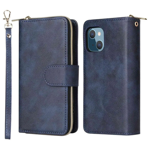 For iPhone 14 PU Leather Magnetic Closure Handbag Zipper Pocket Case Stand 9 Card Holder Slots Wallet Phone Cover with Strap - Blue - 1