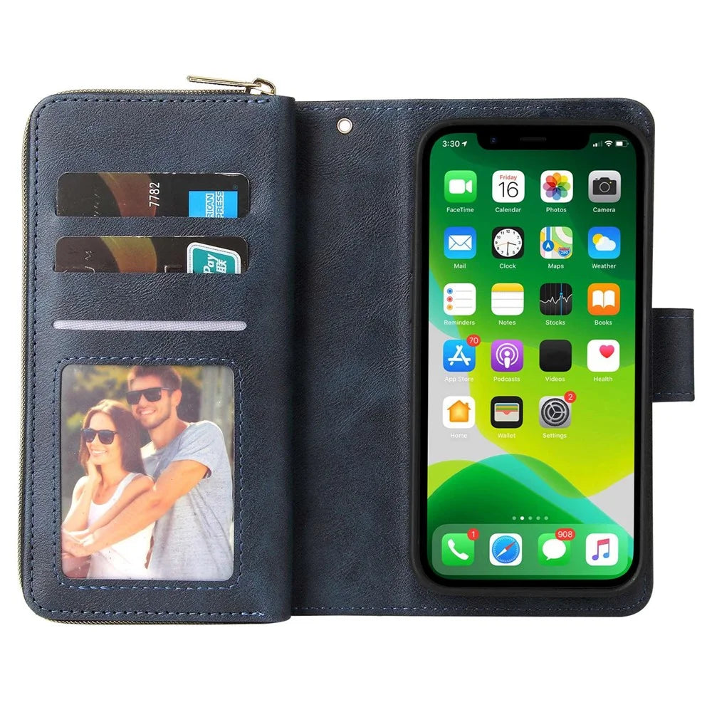 For iPhone 14 PU Leather Magnetic Closure Handbag Zipper Pocket Case Stand 9 Card Holder Slots Wallet Phone Cover with Strap - Blue - 2