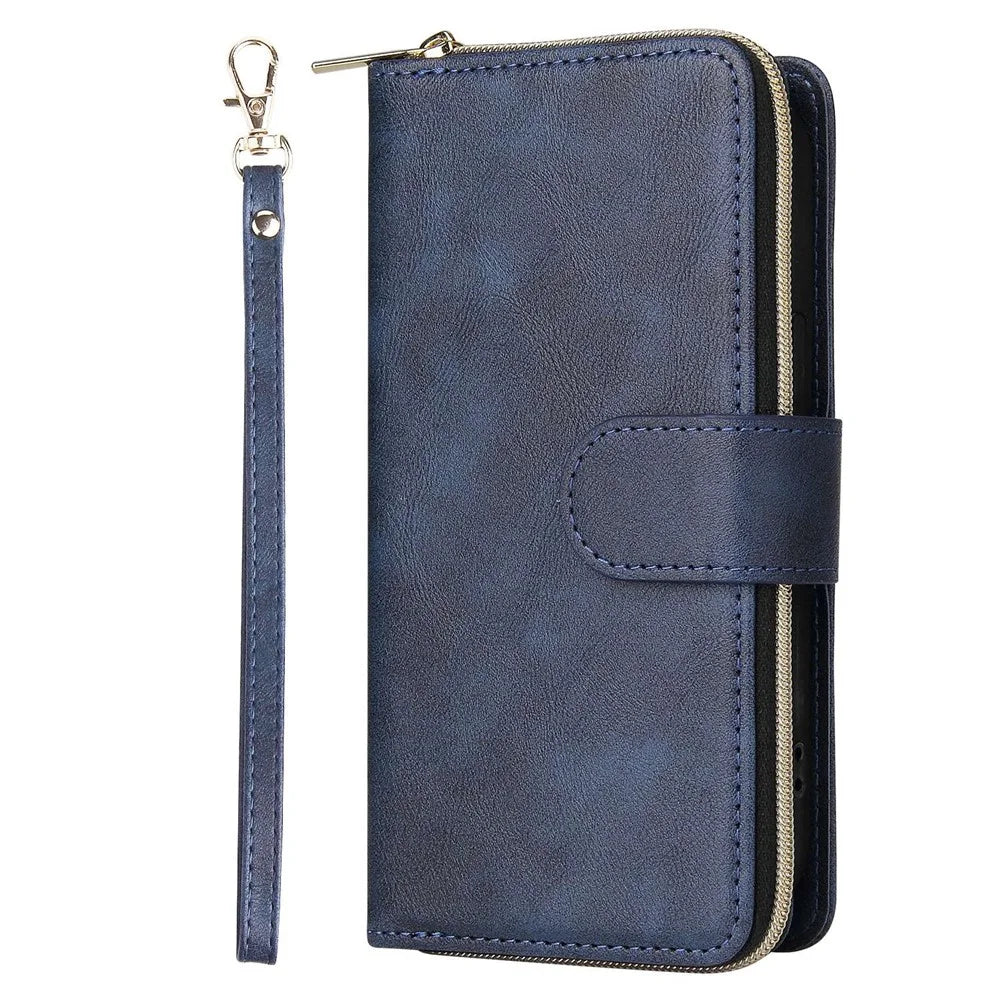 For iPhone 14 PU Leather Magnetic Closure Handbag Zipper Pocket Case Stand 9 Card Holder Slots Wallet Phone Cover with Strap - Blue - 6