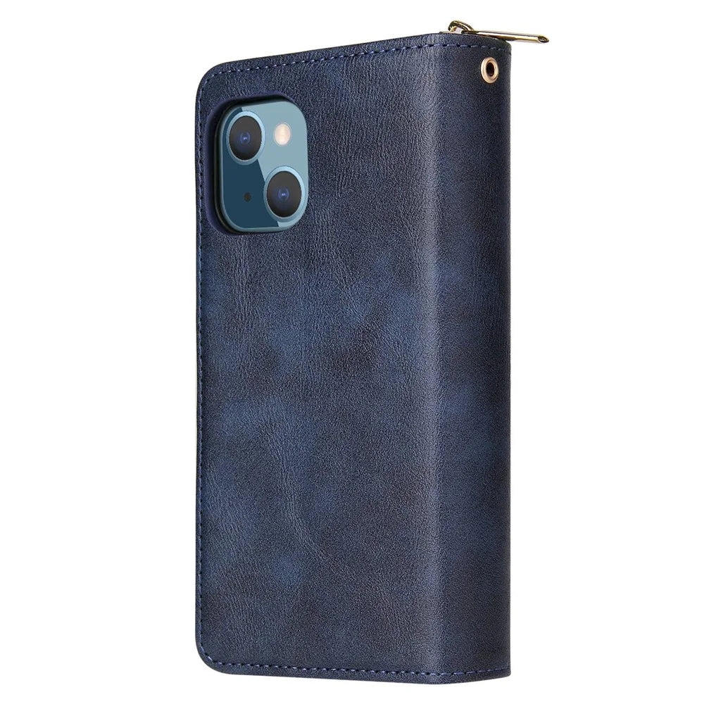 For iPhone 14 PU Leather Magnetic Closure Handbag Zipper Pocket Case Stand 9 Card Holder Slots Wallet Phone Cover with Strap - Blue - 7