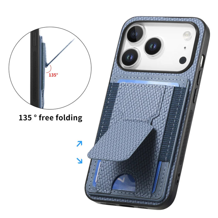 For iPhone 17 Pro Case with Card Holder Kickstand Fiber Pattern Leather Back Cover - Blue - 2