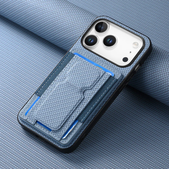 For iPhone 17 Pro Case with Card Holder Kickstand Fiber Pattern Leather Back Cover - Blue - 3