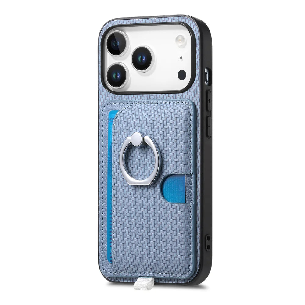 For iPhone 17 Pro Case Ring Kickstand Leather Back Cover with Magnetic Detachable Card Holder - Blue - 3