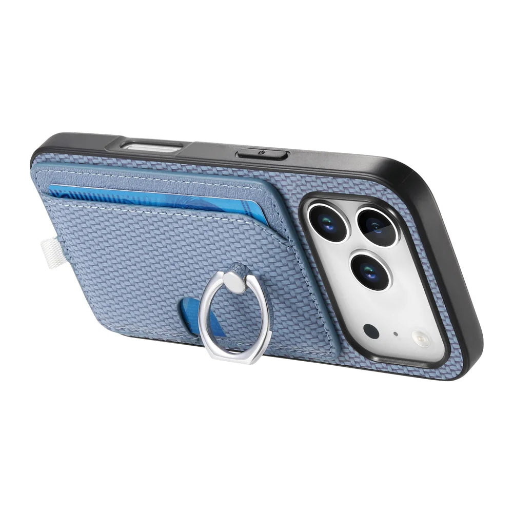For iPhone 17 Pro Case Ring Kickstand Leather Back Cover with Magnetic Detachable Card Holder - Blue - 4