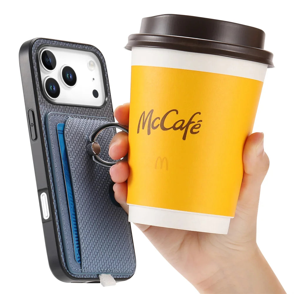 For iPhone 17 Pro Case Ring Kickstand Leather Back Cover with Magnetic Detachable Card Holder - Blue - 5