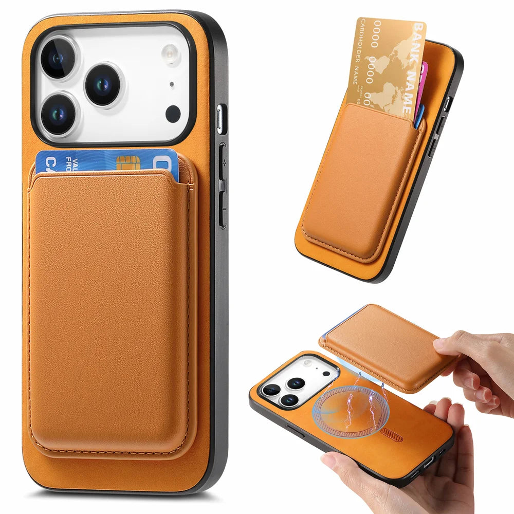 For iPhone 18 Pro / 17 Pro Case Detachable Magnetic Card Bag Leather Phone Back Cover - Orange - 1