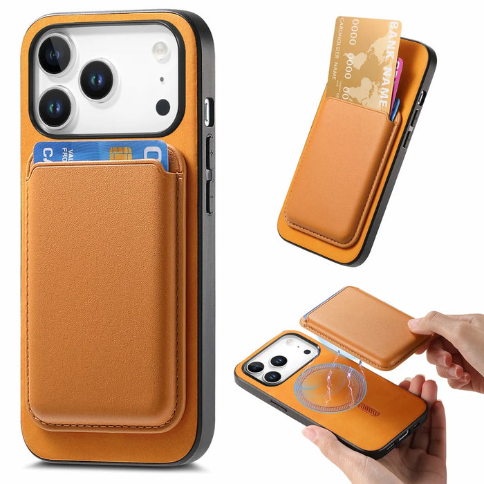 For iPhone 18 Pro / 17 Pro Case Detachable Magnetic Card Bag Leather Phone Back Cover - Orange - 1