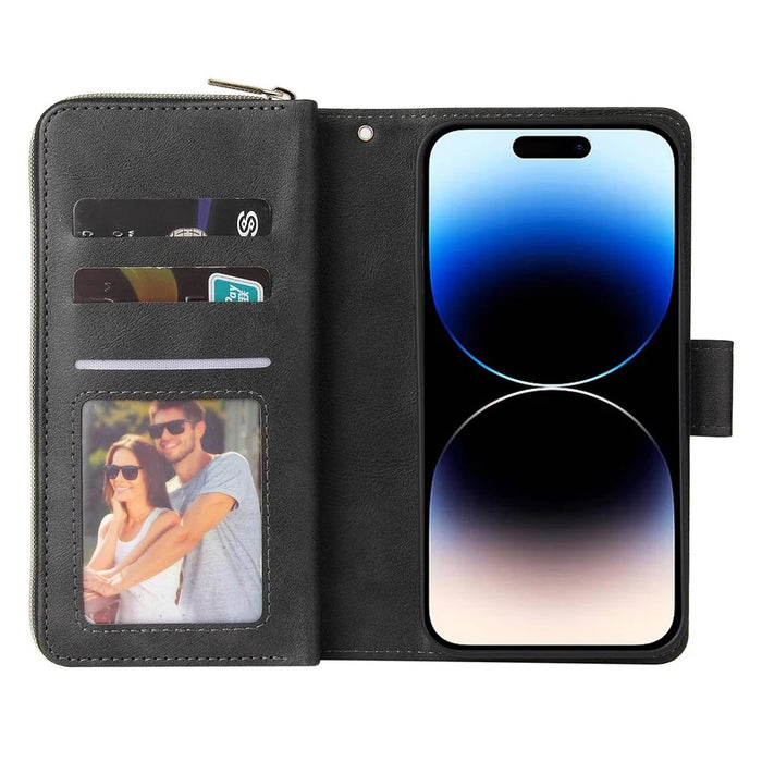 For iPhone 14 Pro PU Leather Wallet Phone Case 9 Card Holder Slots Zipper Pocket Stand Flip Cover with Strap - Black - 2