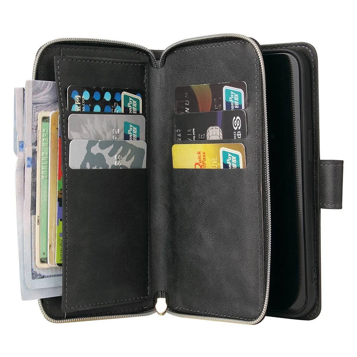 For iPhone 14 Pro PU Leather Wallet Phone Case 9 Card Holder Slots Zipper Pocket Stand Flip Cover with Strap - Black - 3
