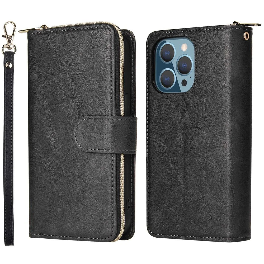 For iPhone 14 Pro Max PU Leather Wallet Phone Case 9 Card Holder Slots Magnetic Closure Zipper Pocket Stand Flip Cover with Strap - Black - 1