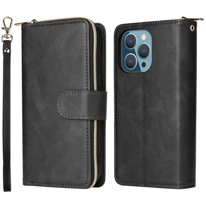 For iPhone 14 Pro Max PU Leather Wallet Phone Case 9 Card Holder Slots Magnetic Closure Zipper Pocket Stand Flip Cover with Strap - Black - 1