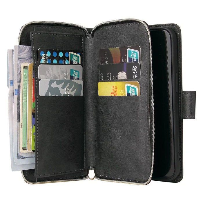 For iPhone 14 Pro Max PU Leather Wallet Phone Case 9 Card Holder Slots Magnetic Closure Zipper Pocket Stand Flip Cover with Strap - Black - 3