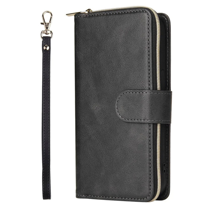 For iPhone 14 Pro Max PU Leather Wallet Phone Case 9 Card Holder Slots Magnetic Closure Zipper Pocket Stand Flip Cover with Strap - Black - 6