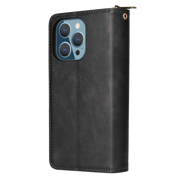 For iPhone 14 Pro Max PU Leather Wallet Phone Case 9 Card Holder Slots Magnetic Closure Zipper Pocket Stand Flip Cover with Strap - Black - 7
