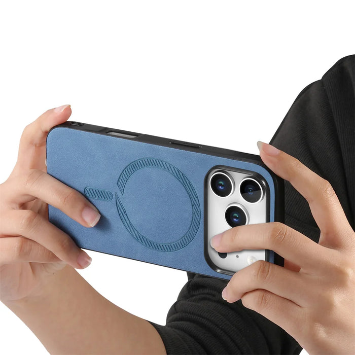 For iPhone 17 Pro Leather Back Case Compatible with MagSafe Skin-touch Phone Cover - Blue - 4