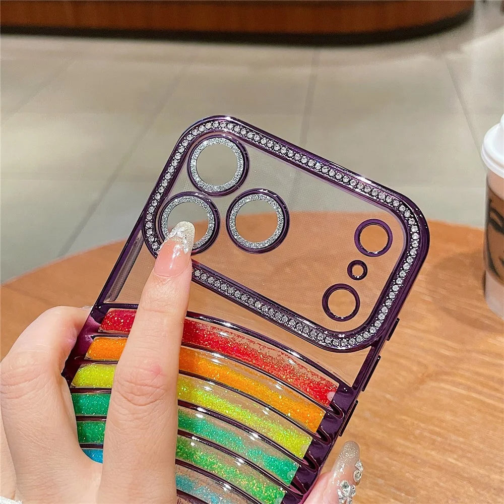 For iPhone 18 Pro / 17  Pro Case Rhinestone Decor Rainbow Quicksand TPU Acrylic Phone Back Cover - Purple - 4