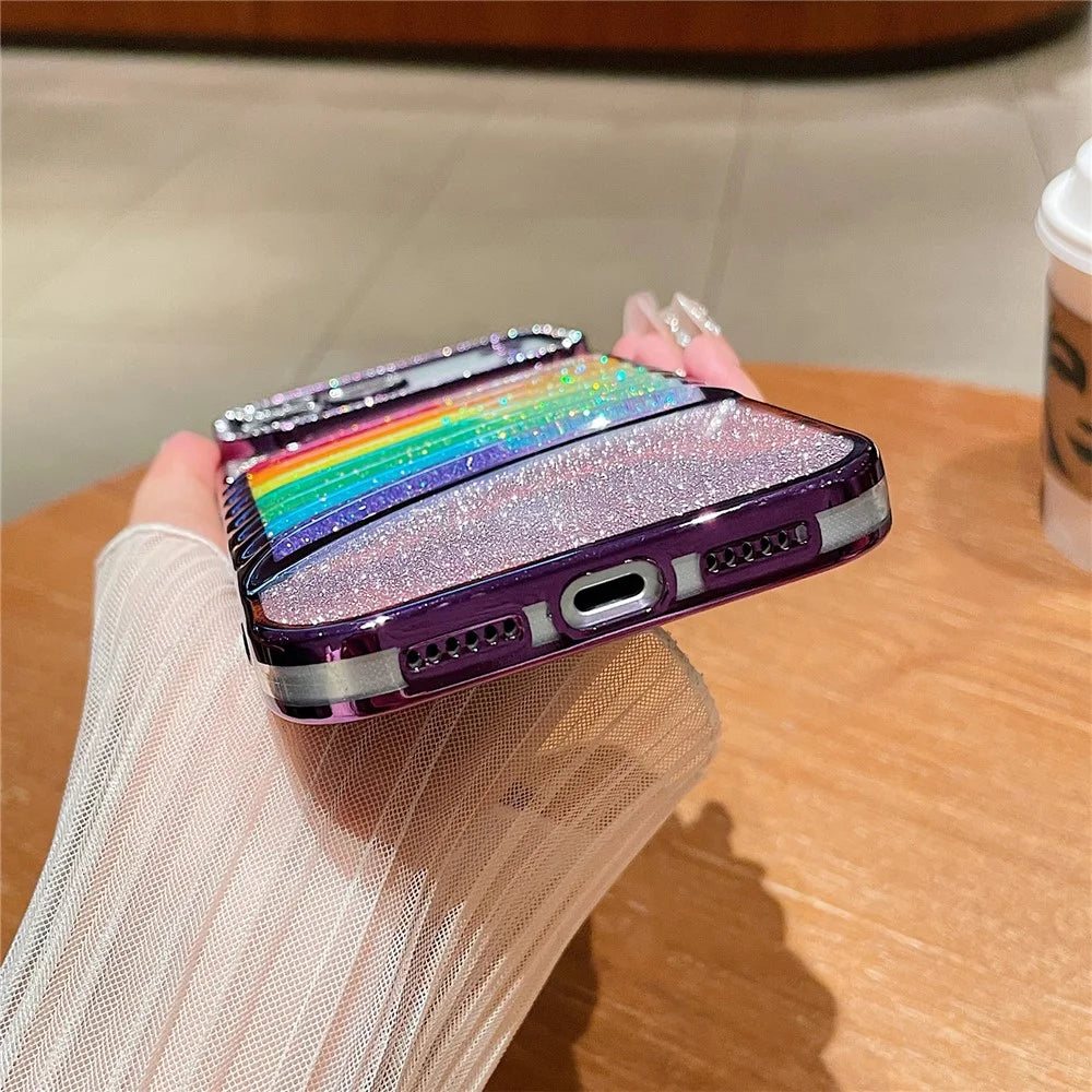 For iPhone 18 Pro / 17  Pro Case Rhinestone Decor Glitter Rainbow Quicksand TPU Acrylic Phone Back Cover - Purple - 5