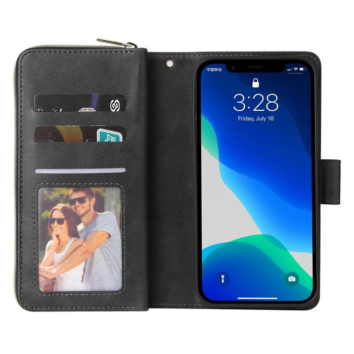 For iPhone 13 Pro Max 6.7 inch Flip Stand Wallet Phone Case PU Leather Magnetic 9 Card Holder Slots Zipper Pocket Cover with Strap - Black - 2