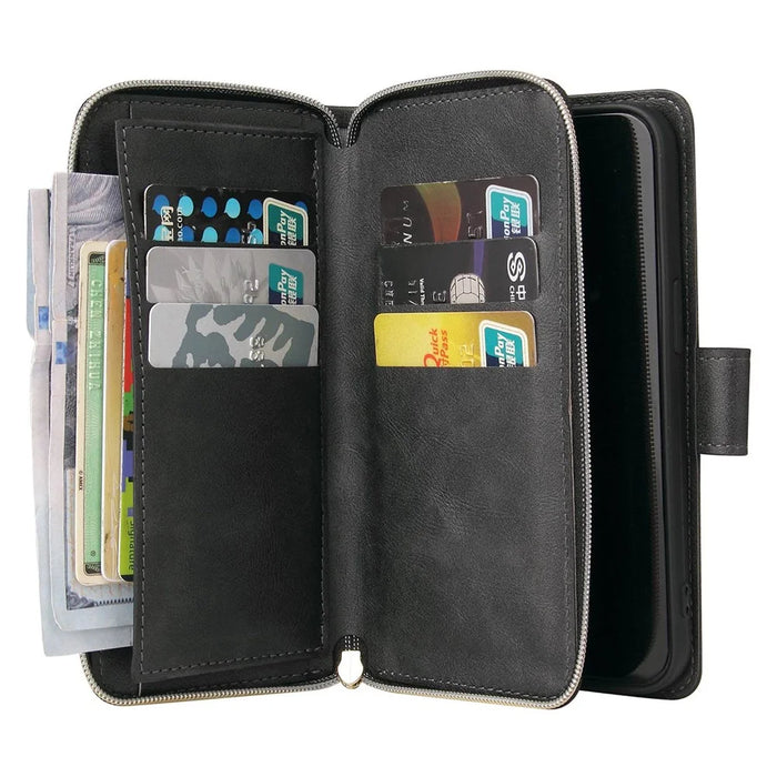 For iPhone 13 Pro Max 6.7 inch Flip Stand Wallet Phone Case PU Leather Magnetic 9 Card Holder Slots Zipper Pocket Cover with Strap - Black - 3