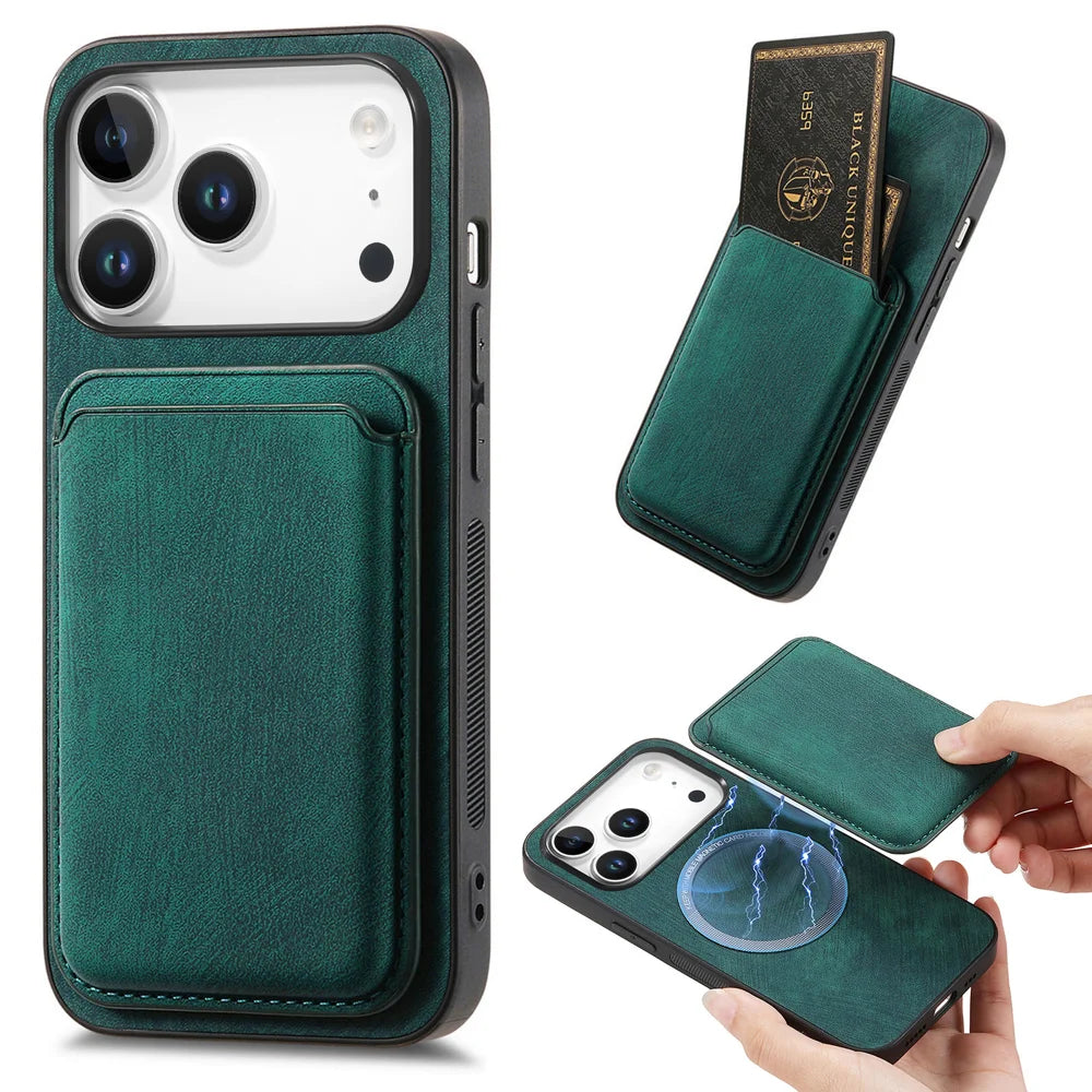 For iPhone 17 Pro Case Compatible with MagSafe Leather Back Cover with Detachable Card Holder - Green - 1