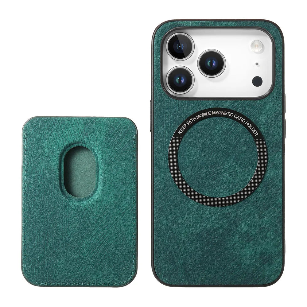 For iPhone 17 Pro Case Compatible with MagSafe Leather Back Cover with Detachable Card Holder - Green - 3