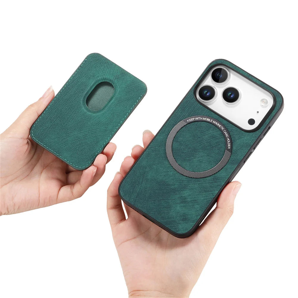 For iPhone 17 Pro Case Compatible with MagSafe Leather Back Cover with Detachable Card Holder - Green - 4
