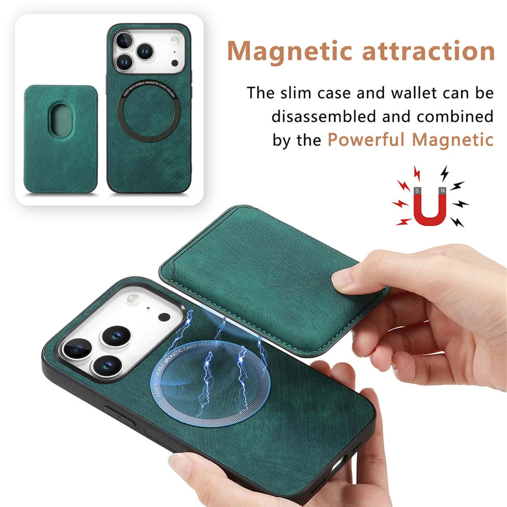 For iPhone 17 Pro Case Compatible with MagSafe Leather Back Cover with Detachable Card Holder - Green - 6